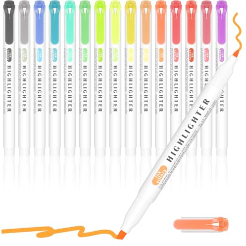APXEL Dual Tip Fluorescent Highlighter Pens, 15 Colors Mild Highlighters | Quick Dry Broad & Fine Tip Markers & Highlighters for Adults & High School Students Stationary Supplies (Dreamy)