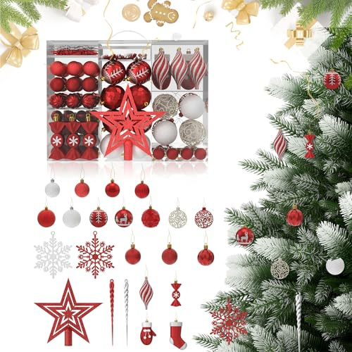 XMTECH Weihnachtskugeln 138 Stück, weinrot, Weihnachtsdeko & Christbaumkugeln Set, matt & glänzend, bruchsicher, Polystyrol, Baumschmuck für Innen & Außen, Weihnachtsdekoration