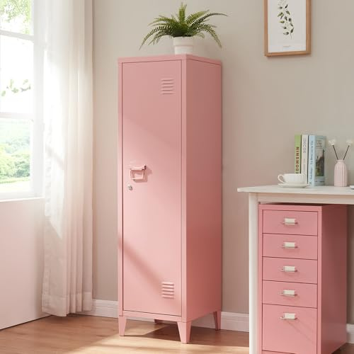 [en.casa] Einzelspind Kurikka Metallspind mit 2 Ablagen 137 x 38 x 38 cm abschließbar Schließfachschrank Metallschrank Garderobenschrank Rosa