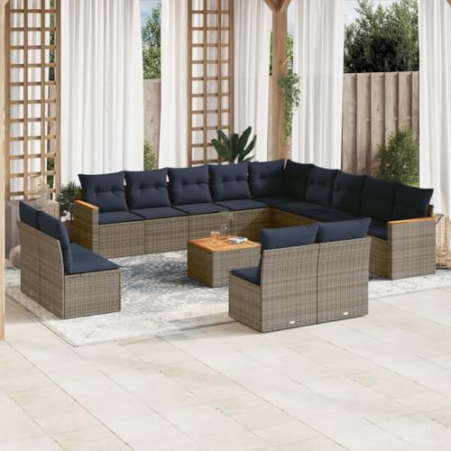 Ziaphsol 14-teiliges Gartensofa-Set, Grau, Polyrattan-Geflecht, mit Kissen, Outdoor-Möbel für Terrasse, Balkon, Akazienholz-Tischplatte, UV-beständig