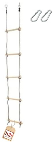 h2i Strickleiter - Länge 180 cm – Kletterleiter mit 5 Holzsprossen – Hängeleiter aus Holz + Karabiner für Garten & Konstruktionen (5)