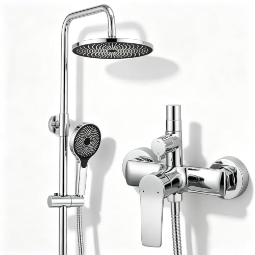 Auralum Regendusche Duschsystem Mit Armatur, Duscharmatur Komplettset Mit 26cm Regendusche, Messing Duscharmatur, Handbrause Mit 3 Strahlarten, HöHenverstellbar Duschstange, Edelstahl Duschset, Chrom