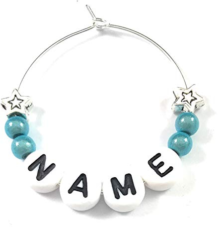 Libby's Market Place Personalised Name Wine Glass Charm with White Letters and Stars on a Gift Card