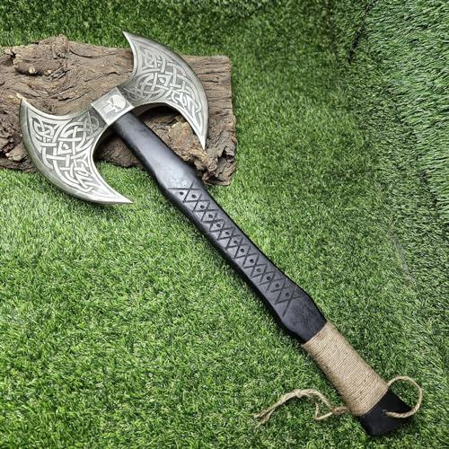 AX-7001 - Hacha vikinga de acero al carbono forjado con eje de madera de rosa, hacha de doble filo
