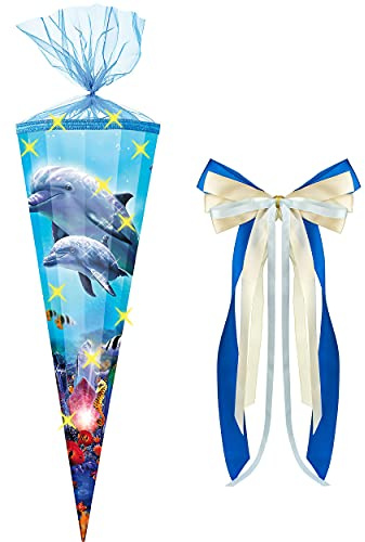 alles-meine.de GmbH mit 3-D Glitzer Effekt ! - Schultüte - Delfin Familie/Fische - 70 cm - rund - incl. große Schleife - Organza Abschluß - Zuckertüte - mit/ohne Kunststo..