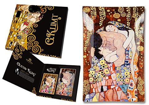 CARMANI - Plaque de verre rectangulaire décorative pour snack, plat de fete, noix, assiette de service imprimée avec la peinture «Famille» de Gustav Klimt 15x23cm