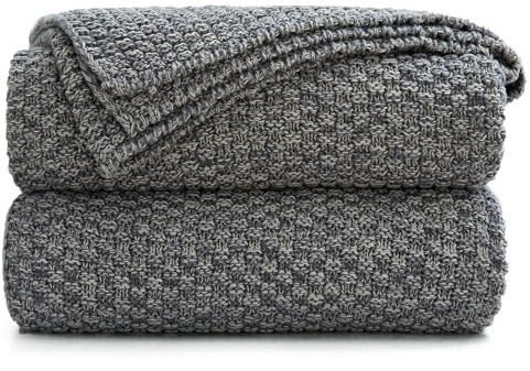 Longhui bedding Graue gestrickte Überwurfdecke für Couch, weich, gemütlich, maschinenwaschbar, 100% Baumwolle, Sofa-Strickdecken, Grau und Weiß, Wäschesack im Lieferumfang enthalten