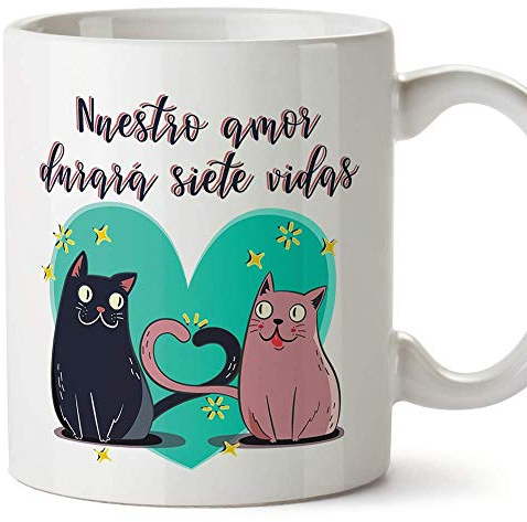 MUGFFINS Taza San Valentín (Te Quiero) - Nuestro Amor durará 7 Vidas - Regalos Originales y Divertidos de Aniversario para Novios, Enamorados, Pareja...