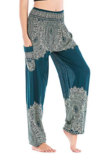 Nuofengkudu Damen Hippie Pumphosen mit Taschen Muster High Waist Haremshose Boho Luftige Bequeme Luftige Sommer Thai Hosen Yogahose Strandhosen Festlich(Grün Blume,Einheitsgröße)