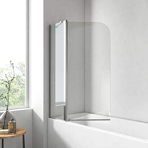 EMKE Duschwand für Badewanne 100x140cm, Duschwand Badewanne mit Seitenwand Duschabtrennung Badewanne, 6mm Nano Glas Badewannenaufsatz Duschtrennwand für Badewanne Faltwand Duschkabine Badewanne
