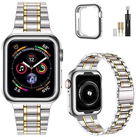 MioHHR Kompatibel mit Apple Watch Armband 42 mm 44 mm 45 mm, Massives Edelstahl-Metallarmband für iWatch Series 9 8 7 6 5 4 3 2 1 SE(Silber/Gold)