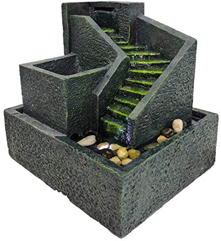 DRULINE Zimmerbrunnen mit LED - Zimmer Wasserfall Brunnen - Kaskadenbrunnen - Zimmerbrunnen - Polyresin Stein Optik - B/H/T ca. 24,5 x 23,5 x 19,5 cm - anthrazit - Indoor