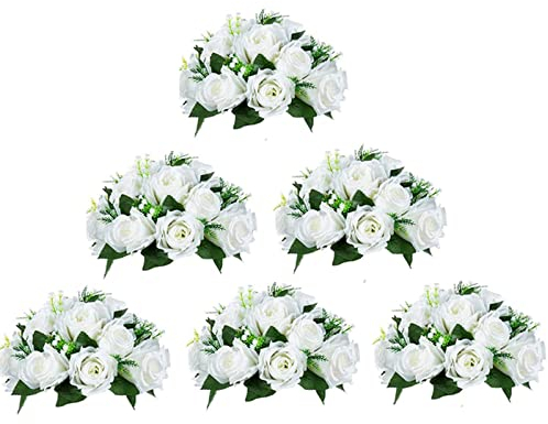 BLOSMON Flower Centerpieces for Tables Wedding 6 Pcs White Fake Flowers Rose Arrangement Bouquet Floral Centerpiece Balls Artificial Wedding Center Pieces of Valentines Day Home Party Decor