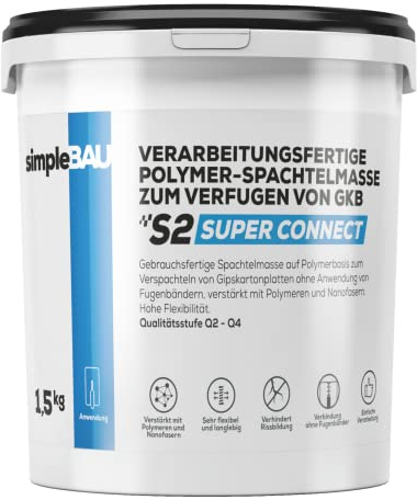 simpleBAU Spachtelmasse 1,5 kg – Polymerbasierte Fertigspachtel für Gipskartonplatten – ohne Fugendeckstreifen – Gebrauchsfertige Reparaturspachtelmasse Innen für Wände und Decken – Rissfest, Weiß
