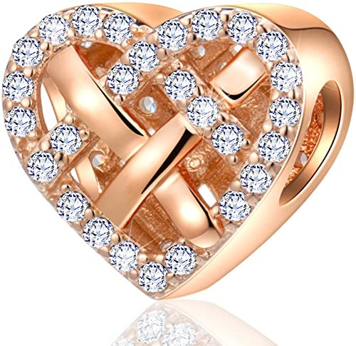Rosegold Weben Knoten Herz Charms passt Pandora Valentinstag Armband Halskette, 925 Sterling Silber Liebesknoten mit CZ Knotted Heart Perlen, Geschenke für Frau/beste Mutter/Freundin