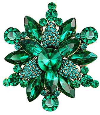 Clearine Broche Fleur Femme Art Déco Marquise Strass Rond pour Vêtements Emeraude Vert Ton Antique Or