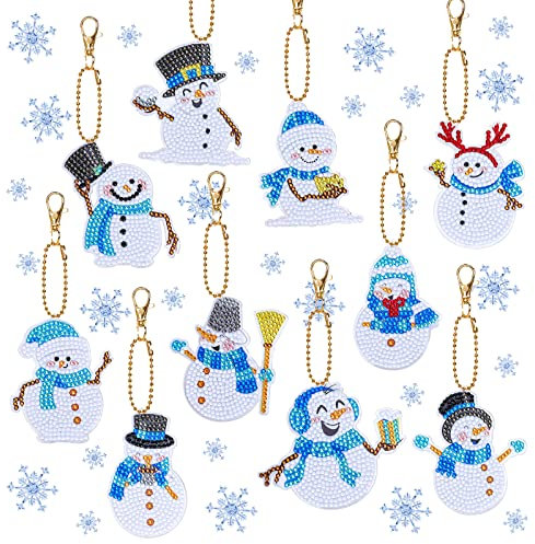 AnyDesign 10Pcs Christmas Diamond Art Keychain Kit Blue Snowman DIY Gem Painting Key Chain with Sliver Rope Rhinestone Mosaic Making Full Drill Diamond Pendant for Xmas Art Crafts Supplies