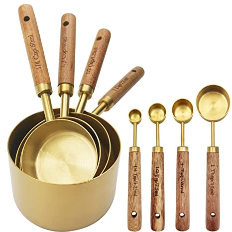 Zalaxt Gold Measuring Cups and Spoons Set with Fragrant Wood Handle, Measuring Cups, Metal Measuring Spoons and Measuring Cup Set for Cooking & Baking, Set of 8 pcs