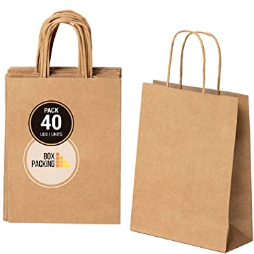 BOXPACKING | 40 Papiertüten Braun | Papiertüten mit Henkel | 24x18X8 cm | Braune Papiertüten | Mitgebsel Tüten | Papiertüten Klein | Kraftpapier Tüten