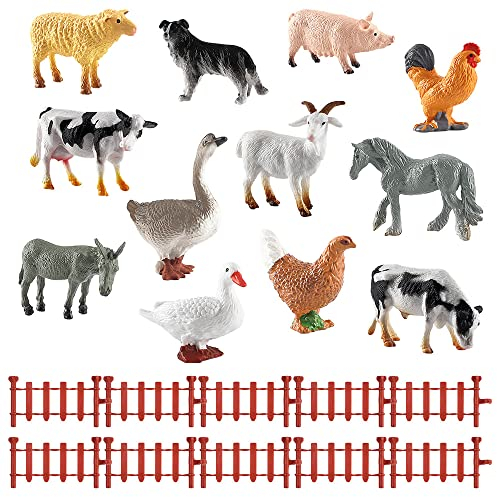 DOUSELLA 12 PCS Figurines d'animaux de la Ferme Réalistes Jouet Animaux de la Forêt Mini Figurines de Ferme Jouets Miniatures pour Animaux Sauvages avec 10 Clôture Cheval pour Anniversaire Décoration