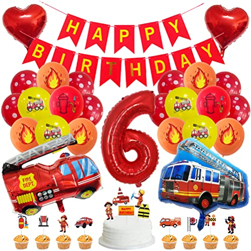 MiaLover Geburtstag Dekoration Set Happy Birthday Banner Folienballon 6.Geburtstag Luftballon Latexballon Feuerwehr Deko Cake Topper für Feuerwehrauto Themen Party Deko Birthday Decoration