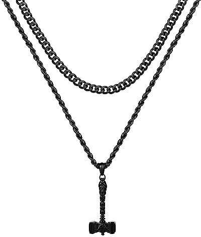 Cupimatch Herren Edelstahl Halskette, Thor Hammer Anhänger Hochglanz Poliert mit 55cm Kette, Silber Schwarz Gold CM64-04