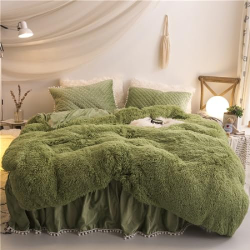 Sacebeleu Winter Bettwäsche 220x240cm Avocado Grün Plüsch Langhaar Flauschig Flanell Biber Bettbezug Warme Deckenbezug Bettbezug und 2 Kissenbezug 80x80cm mit Reißverschluss