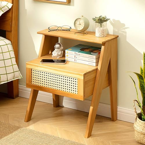 Table De Chevet En Bambou, Table de Nuit Table d’Appoint avec Tiroir Décoratif En Rotin ABS Et étagère Ouverte, pour Chambre à Coucher, Bureau, Salon, Assemblage Facile 43x32x51cm ( Color : Natural )