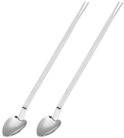 QUARKZMAN Cucharilla de Bar para Coctel, Cuchara de Mezcla de Acero Inoxidable, Tenedor de Frutas de Doble Uso, Reutilizable, para Mezclar Bebidas de Coctel, Plata, 2 Unidades