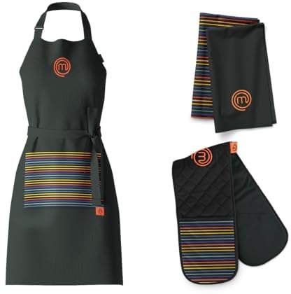 MasterChef Cotton Textiles Kitchen Gift Set, Includes Chef Apron, Double Oven Glove & Pack of 2 Tea Towels, All Items Feature Official Show Logo, Fully Machine Washable, Unisex, Vivid Collection