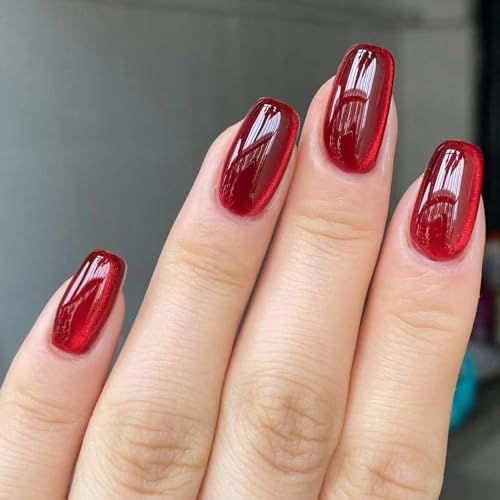 DMQ Cat Eye False Nails - Short, 24Pc Red Glitter Square Press On Nails, French Nail Tips with Glue, Acrylic Stick On Nails for Women and Girls' Nail Art (Wine Red)