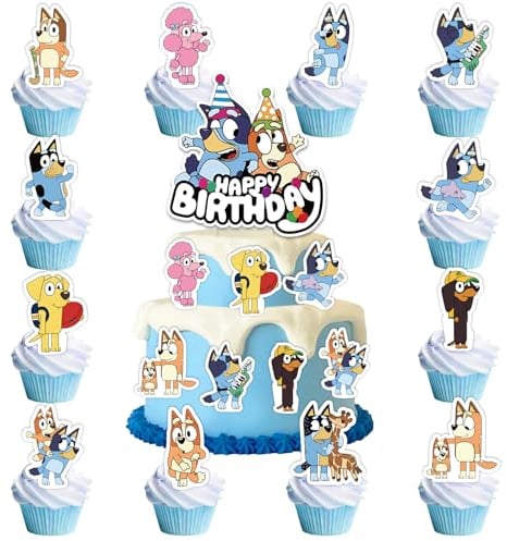 Heartsking 25 Pcs Blue Dog Cake Toppers, 1 Big + 24 Small, Birthday & Baby Shower, Non-Toxic, Reusable