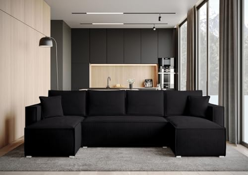 BROMARKT Ecksofa mit Schlaffunktion Sofa Cord Eckcouch mit Bettkasten Wohnzimmer Möbel U Form Couch gästebett Sofa Kissen groß 305x145x74 cm Schwarz