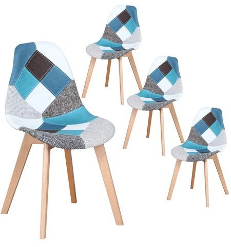 TTATC 4er-Set Esszimmerstühle, Patchwork-Stühle, Moderne Küchenstühle, Holzbeine, Weicher Mehrfarbiger Sitz, für Küche, Wohnzimmer, Café, Blau