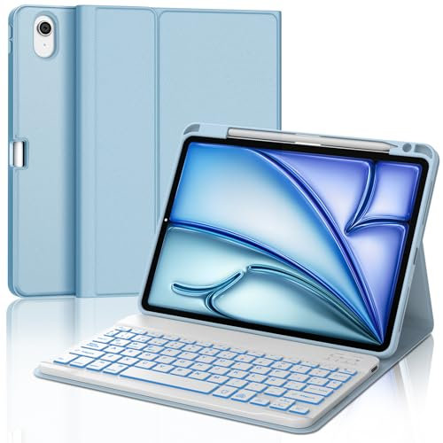 IVEOPPE Funda Teclado iPad Air 11 (M2 2024/M3 2025), Cover Teclado Español Ñ Retroiluminación Bluetooth Magnética Desmontable para iPad Air M2 2024/M3 2025 11 Pulgadas, Azul Cielo