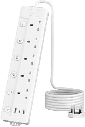 2M 5 Gang Extension Lead with 3 USB Slots (2 USB-A,1 USB-C), Individually Switched Extension Lead with USB Slots, White 2 Metre Extension Lead, For Home Dorm Office Multi Plug