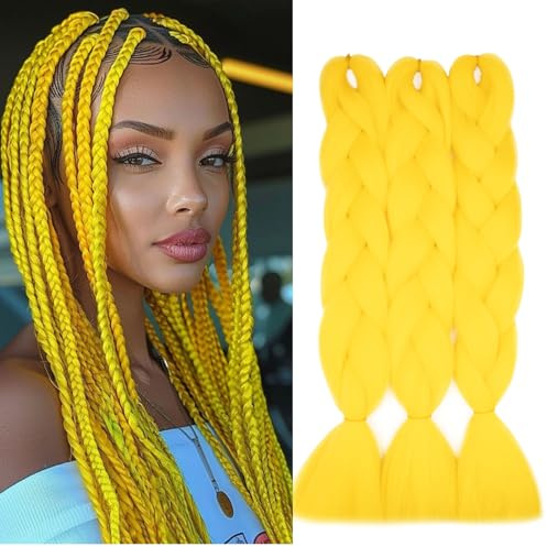 Braids Extensions Gelb Kunsthaar zum Einflechten 3PCS Braiding Hair | 60cm 300g Jumbo Braids Flechthaar Extensions Synthetik Haare zum Einflechten für Afro Box Braid Zöpfe Flecht‑Haarverlängerung