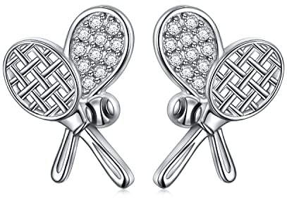 S925 Sterling Silber Tennisschläger und Ball Sport Cubic Zirkonia CZ Ohrstecker Schmuck Geschenke für Frauen Tennisliebhaber