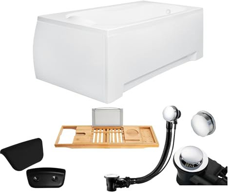 KOLMAN KOMPLETTSET 6in1 Acryl Wanne Badewanne Rechteck 180x80 cm BONA Made in EU + Acrylschürze + Badewannentablett Holzablage + Badkissen, mit Ablaufgarnitur in Chrom & Wannenfüße