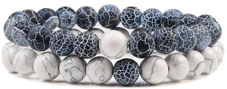 KnBoB Perlen Armband für Damen Herren 8MM Dunkelblau Schwarz Weiß Stein Türkis Elastisch Armbänder 18CM, 2er Set