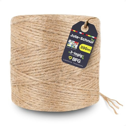 BFG Jute-Schnur 300m 2-3mm - Reißfeste 3-lagiges Juteschnur, Gartenschnur mit Naturfaser für Pflanzen und Dekorationen, Braun Paketschnur, Jutegarn für Verpackung und Handwerk