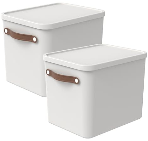 Rotho Maloja Aufbewahrungsbox mit Deckel 27 L 2er-Set stapelbar Creme-Weiß | Aufbewahrungsboxen, Boxen Aufbewahrung mit Deckel, stapelbar und modular, Griffe für jede Box, sicher verschließbar