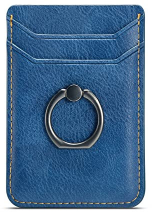 DMaos Card Holder Sleeve with Ring, RFID Credit Wallet Synthetic Leather Stick On Back Grip for iPhone Samsung Smartphone - Blue