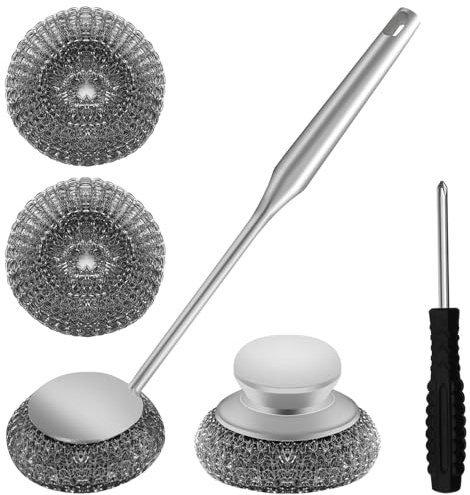 Juego de 2 estropajos de lana de acero inoxidable, estropajo para platos con mango largo y corto, cepillo de limpieza de acero inoxidable, estropajo de metal con repuesto, estropajo de acero