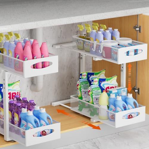 Housolution Spülschrank Organizer Ausziehbar, 2 Etagen Metall Unter Waschbecken Regal Spülenunterschrank Organizer, Ausziehbarer Untertisch-Organisator für Küchen Schränke, 2 Stück, Weiß