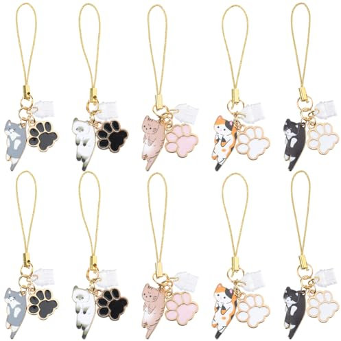 SUNNYCLUE 1 Box 10 Stück Handy Anhänger Katzen Handyanhänger Handy Anhänger Set Phone Anhänger Gurt Kawaii Süße Hängende Katzen Tierpfoten Staubschutzstecker Anhänger Staub Stecker Für Frauen Und