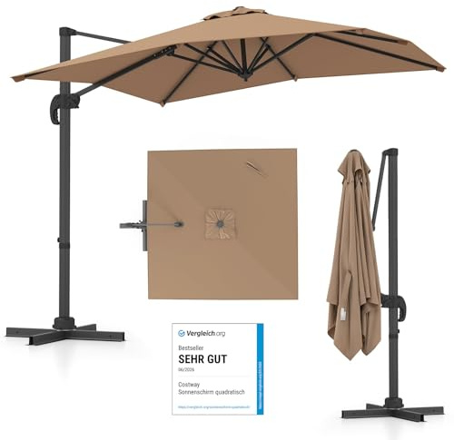 COSTWAY Sombrilla Terraza Exterior 250 x 250 cm con Base Cruzada, Sombrilla Jardin Rectangular, 5 Inclinaciones, Rotación 360°, 8 Varillas, Parasol Excentrico Grande para Jardin Playa (Café, 250 cm)