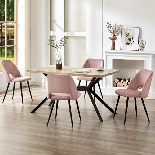 ANVOFONG Esstisch und Stühle Set mit 4 rosa Stühlen, rechteckiger Tisch aus hellem Holz 140 x 80 x 76 cm, Stühle mit ausgeschnittener Rückenlehne, geeignet für Küche, Esszimmer und Wohnzimmer.