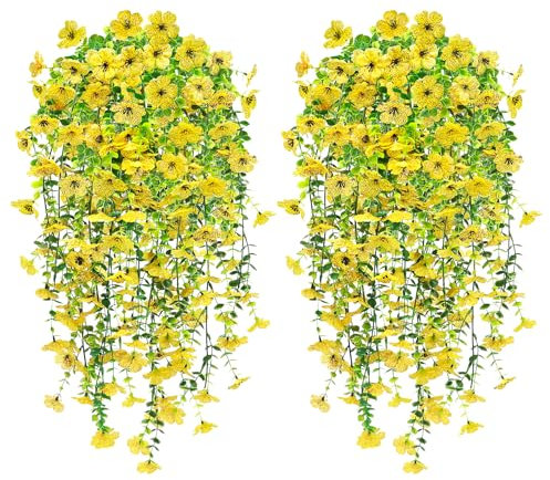 MOTONG 4 PCS Artificial Hanging Flowers, UV Resistant Trailing Artificial Plants Outdoor, Suitable for Fake Artificial Flowers Wall Wedding Party Baskets Indoor Home Garden Decoration Yellow