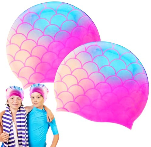 2 Pack Badekappe Kinder, Lange Haare Badekappen für Schwimmer Silikon Gedruckt Badekappen für Badehut Bequeme Passform für Jungen und Mädchen im Alter von 4-12 Jahren (2)